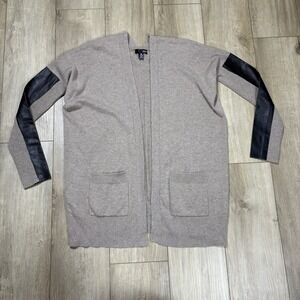 Aqua 100% Cashmere Beige Black Leather Trim Open Front Cardigan Sweater‎ XS